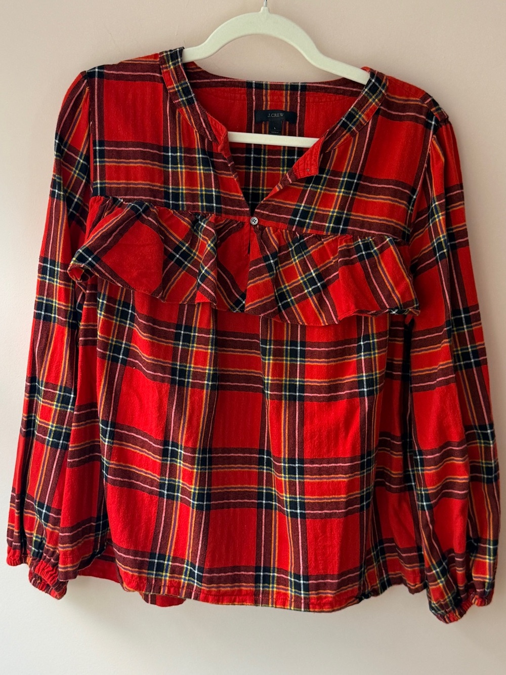 J. Crew Red Plaid Ruffle-Front Long-Sleeve Blouse, sz L